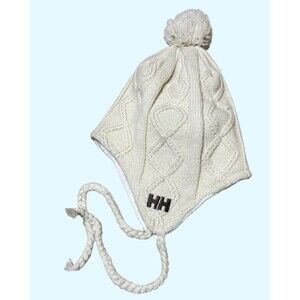 Helly Hanson Wool Blend Fleece Lined Beanie Cream Pom Flaps Snow Hat Cabincore